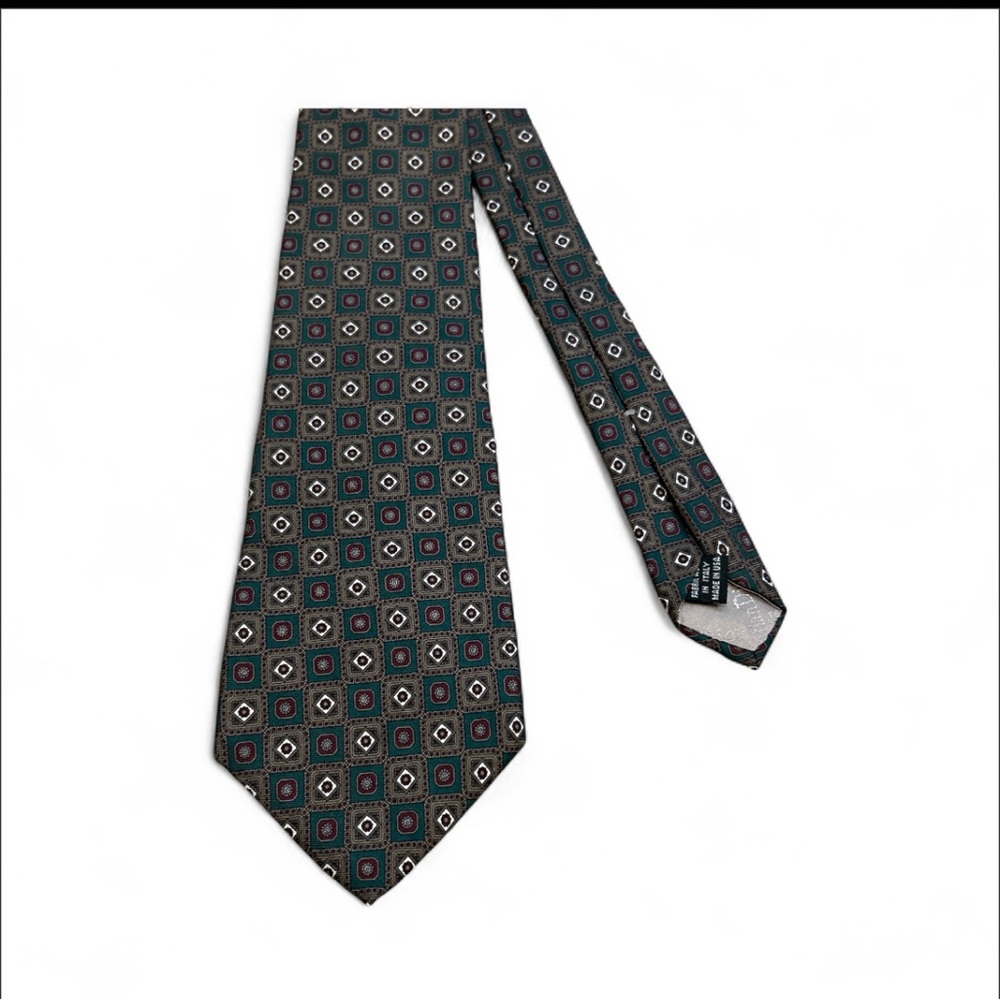 Christian Dior Geometric Patterned Tie in Green and Maroon Monsieur Vintage